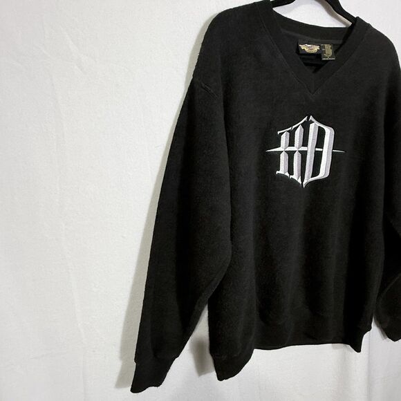 Vintage Harley Davidson Black Deep Pile Fleece V-Neck Sweatshirt Men's L 90s Y2K - Picture 4 of 9
